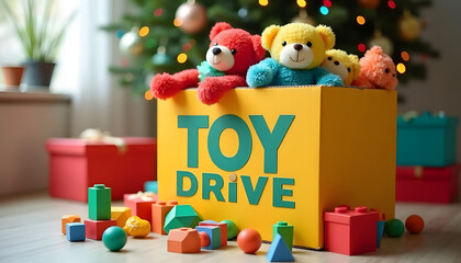 Obraz premium Colorful toy drive box with teddy bears and building blocks on festive background, toy drive