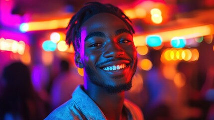 Joyful Young Man Smiling in a Vibrant Nightlife Setting
