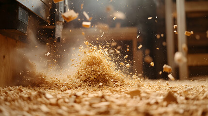 Close-up of Wood Dust and Sawdust Being Ejected from a Power Tool, Creating a Whirlwind of Wood Particles in a Workshop Setting