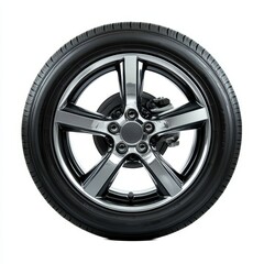 Obraz premium A sleek, modern alloy wheel with a tire, designed for automotive use and performance.