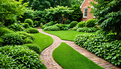 Fototapeta premium Jardin verdoyant avec chemin de briques