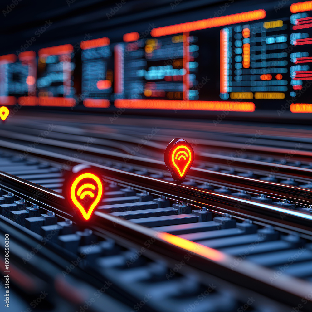 Poster trucks, smart logistics concept. digital railway scene with glowing signals and tech interface in a 