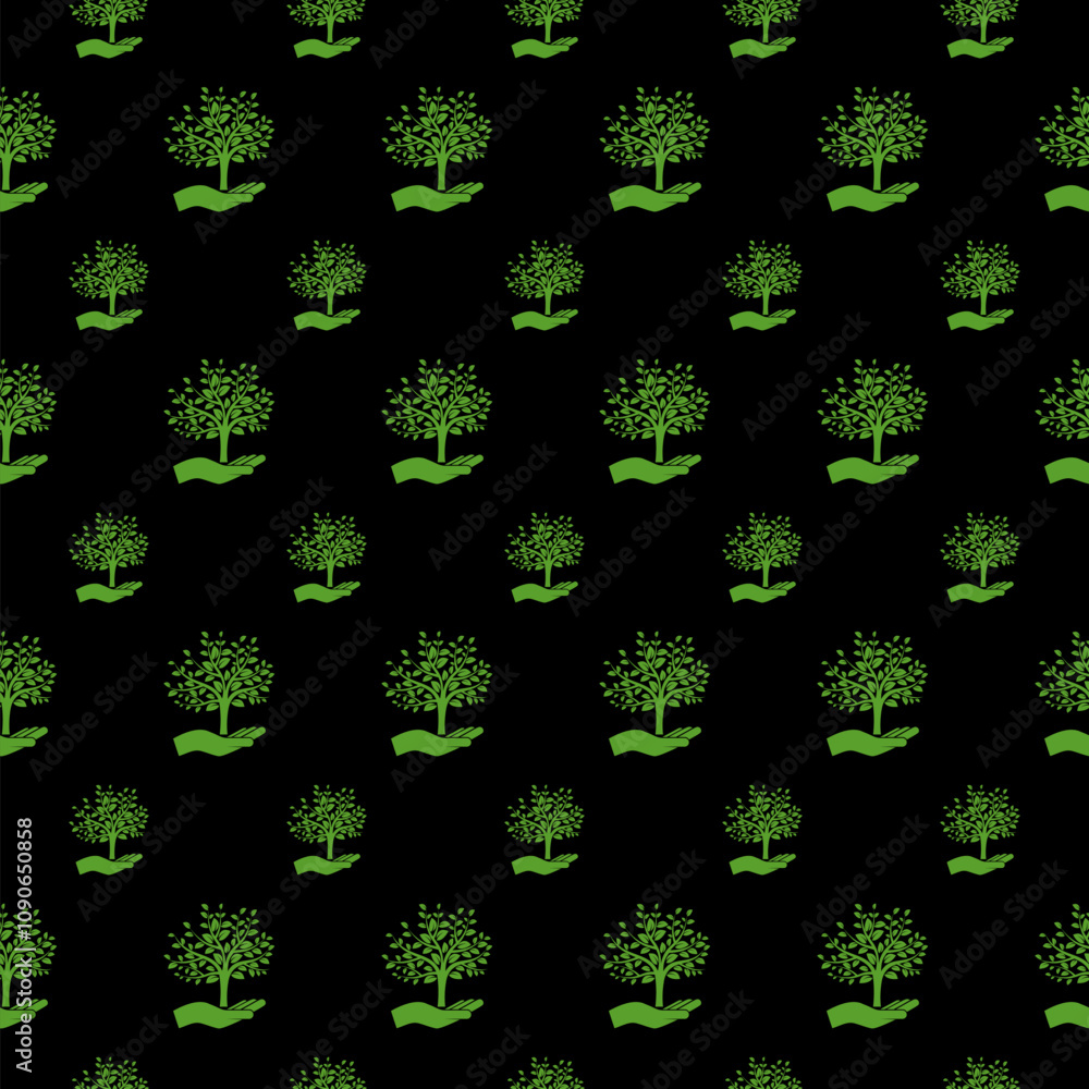 Poster hand with a tree icon isolated seamless pattern on black background