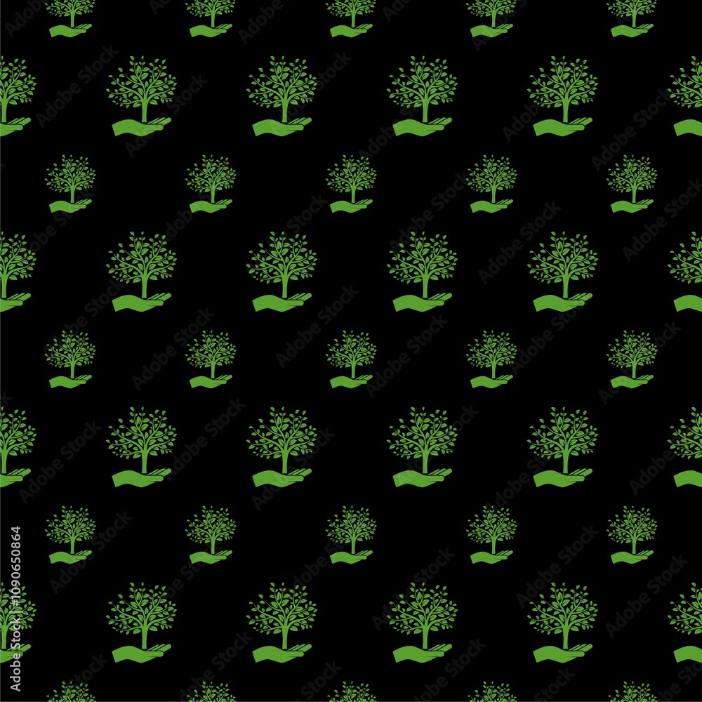 Poster hand with a tree icon isolated seamless pattern on black background