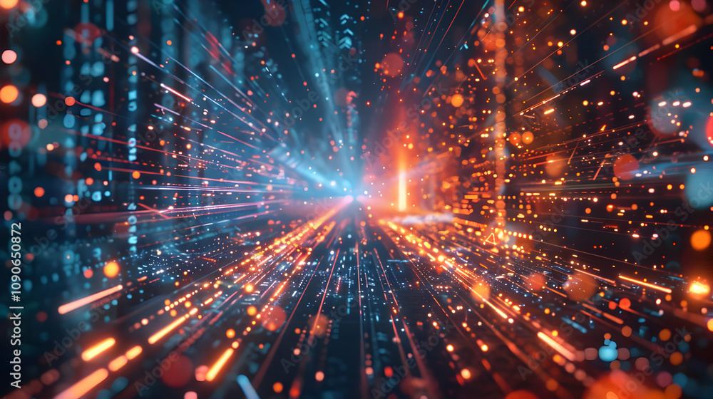 Poster abstract 3d digital data stream exploding into light, creating a futuristic background with energeti