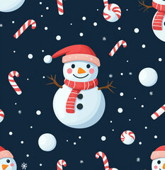 Naklejka premium Cheerful snowman pattern celebrates winter holidays with candy canes and snowballs against a dark blue background