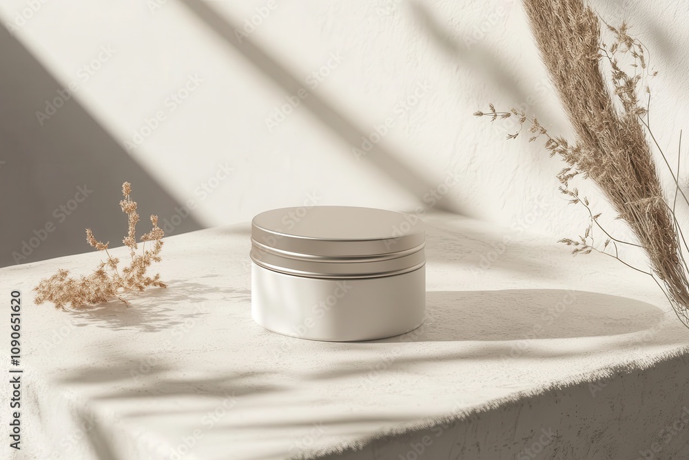 Poster a minimalist scene featuring a round container on a textured surface with dried plants.
