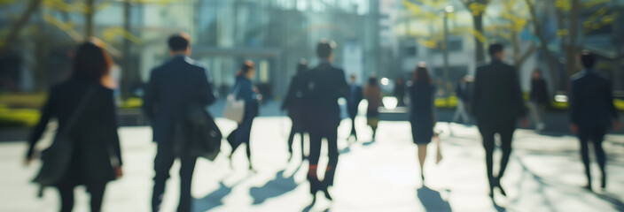 Fototapeta premium blurry out of focus photo of group of professionals in front of an office building, on a sunny spring day. place is south korea