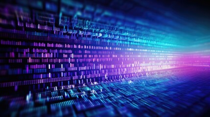 Blue and purple blocks stream of data formed by lights representing digital codes. Illustrative image suitable for startup, tech, or security background.