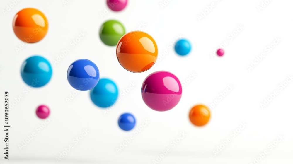 Poster colorful array of spheres in the air. the spheres are of different colors and sizes, and they appear