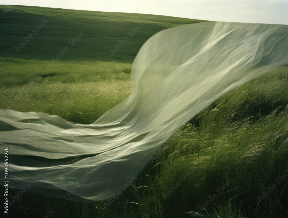 Poster ethereal flow of sheer fabric dancing in the breeze over lush green fields under the soft light of a