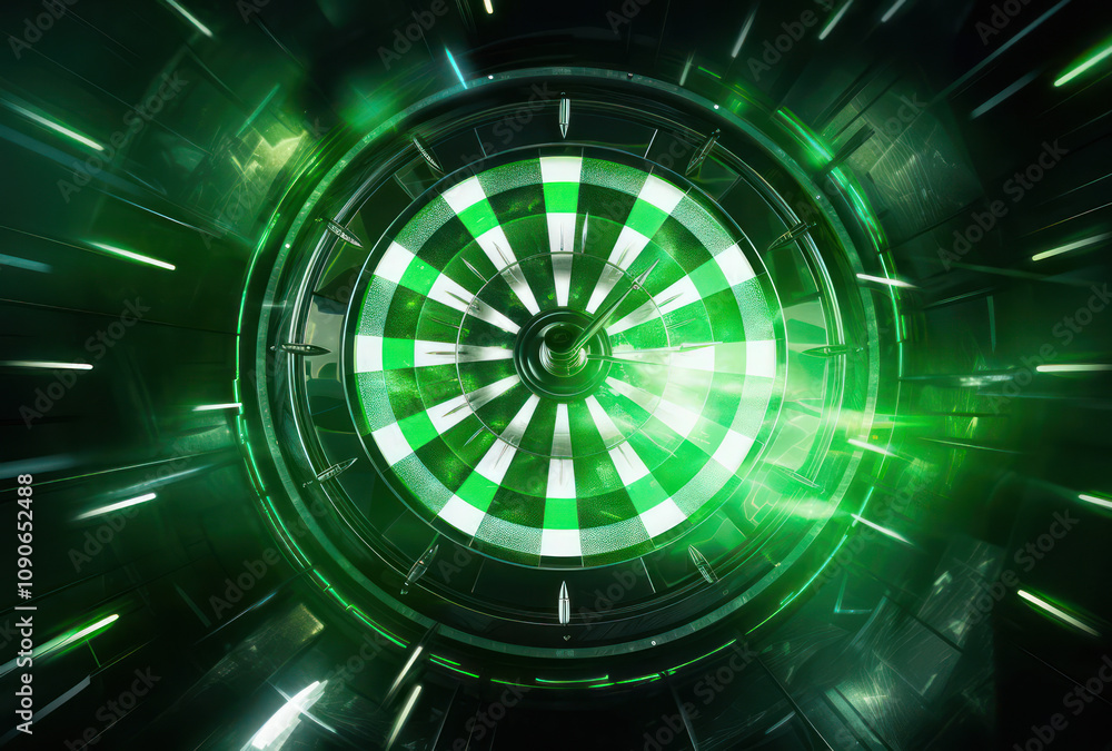 Poster abstract representation of a dartboard with glowing green lights and radial motion, symbolizing prec