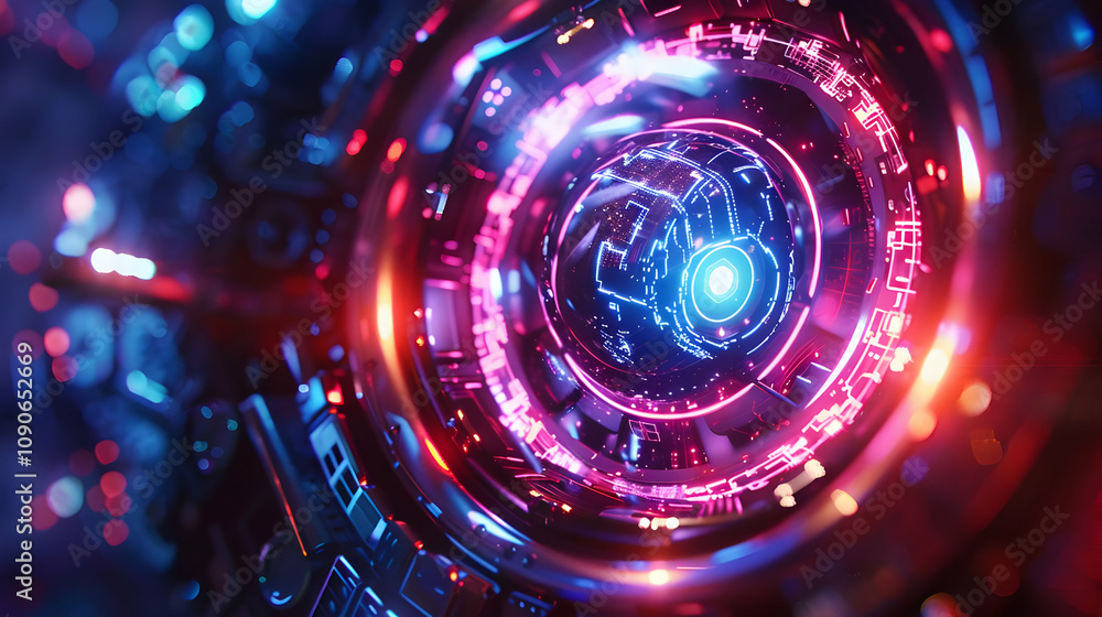 Poster abstract 3d digital cyberpunk hud background: glowing neon circuits and rotating sphere display futu