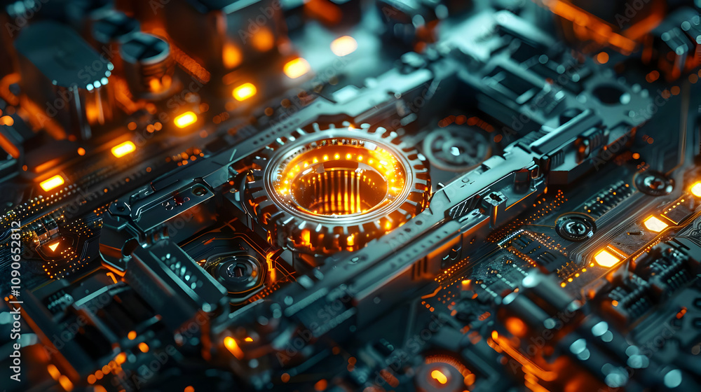 Poster 3d render of illuminated futuristic circuitry with glowing gear mechanism