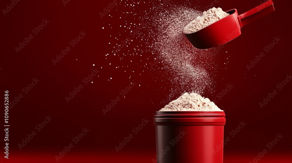 Poster red container with powder in it is being poured into a red bowl. the image has a playful and fun moo