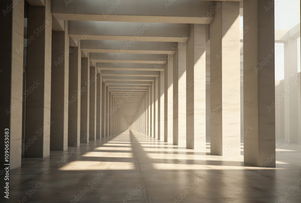 Poster a captivating perspective of a minimalist modern architectural space with tall columns, diagonal sha