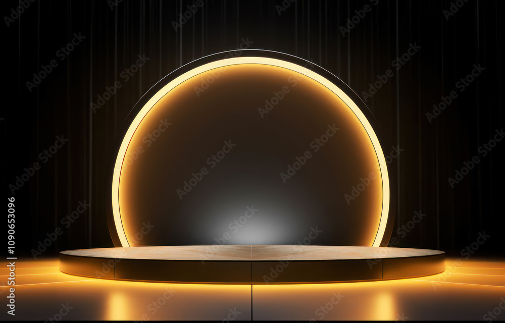 Poster stage with circular platform backdrop and soft yellow lighting for events, presentations, and creati