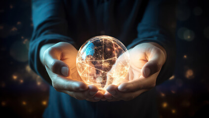 Fototapeta premium Ethereal Hands Cradling Glowing Globe technology of Light with Network Connections, Symbolizing Technology, Global Unity, and Innovation in a Modern Context