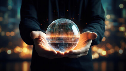 Fototapeta premium A Person Holding a Glowing technology, Projecting Digital Data in Their Hands Against a Blurred City Background with Soft Lighting Effects