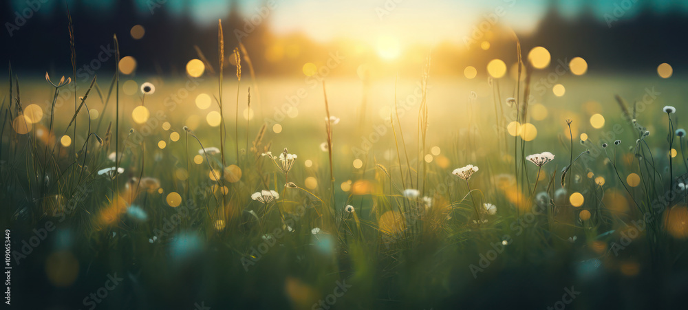 Aufkleber serene meadow with dappled sunlight and soft bokeh effect creating a tranquil atmosphere at sunrise 