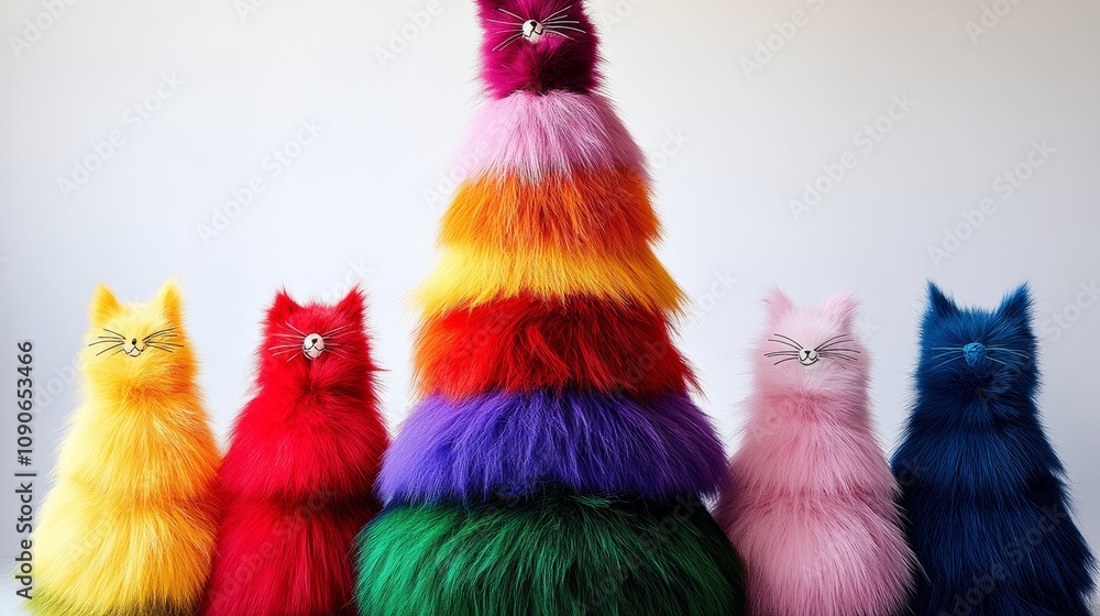 Poster group of cats are standing in a row, each one wearing a different color. the cats are all wearing fu