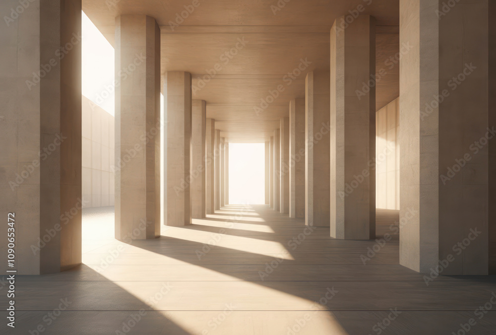 Poster modern architectural interior with concrete pillars and soft natural light creating a serene atmosph