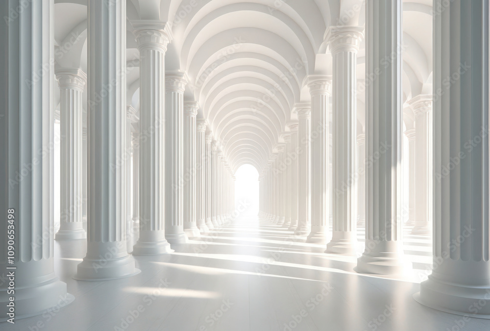 Poster serene and ethereal hallway featuring majestic white columns with soft light illuminating a radiant 