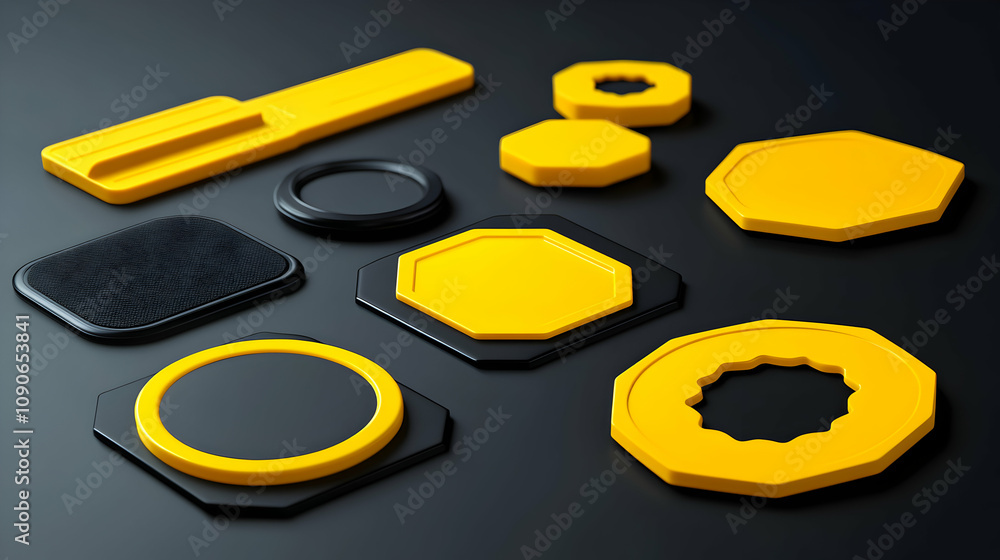 Poster abstract 3d rendered geometric shapes with yellow and black color scheme on a dark background, creat