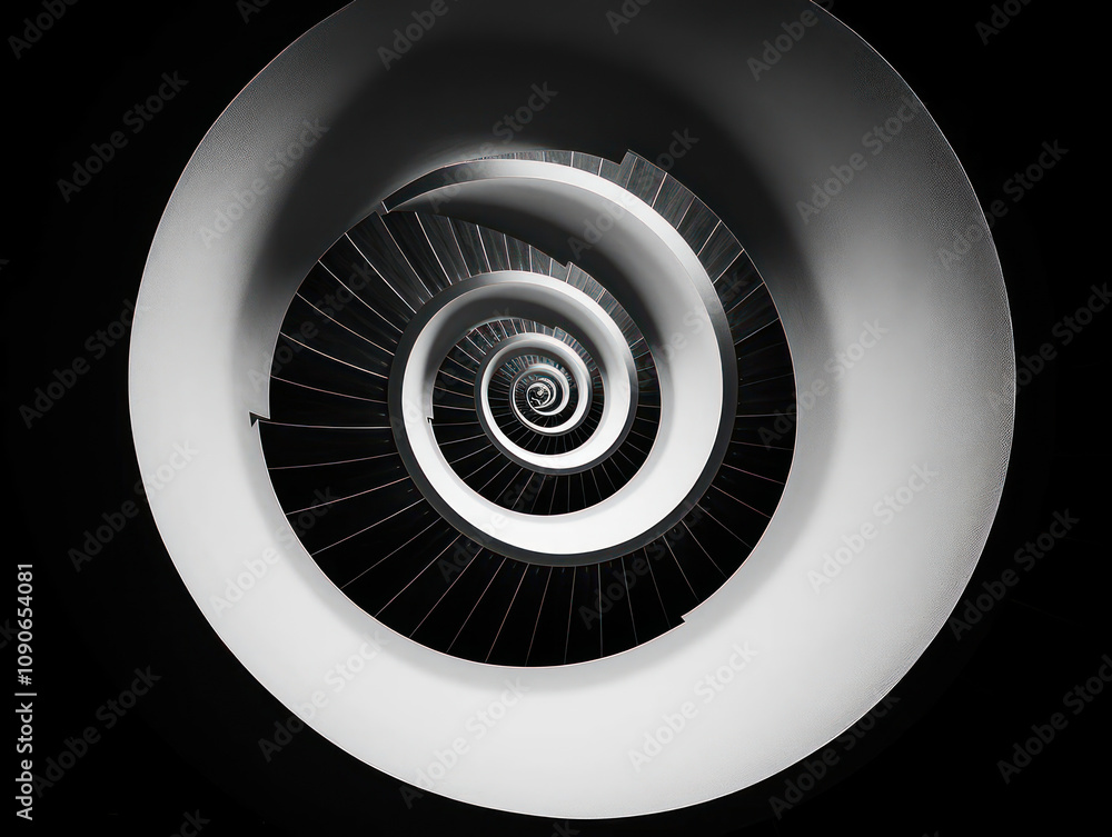 Poster captivating spiral staircase in monochrome view with elegant curves and sharp lines, creating an int