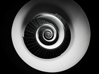 Captivating Spiral Staircase in Monochrome View with Elegant Curves and Sharp Lines, Creating an Intriguing Visual Depth and Abstract Design in Architecture