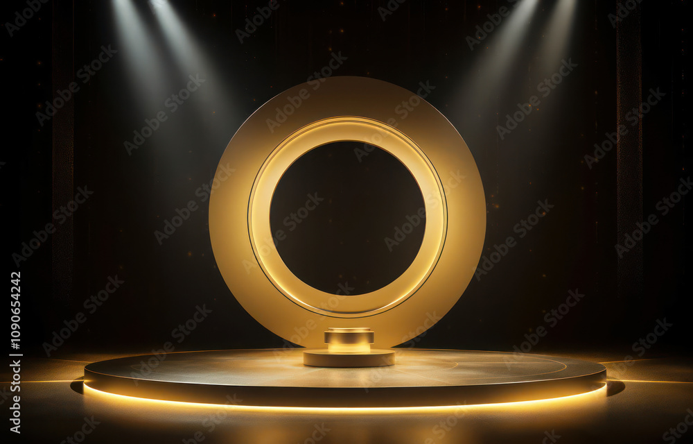 Aufkleber golden circle display stage with dramatic lighting and dark background for product showcase or prese