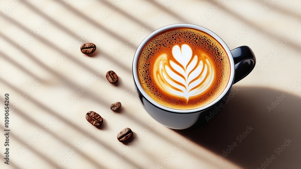 Poster cup of coffee with a heart design on it sits on a table with a few coffee beans scattered around it.