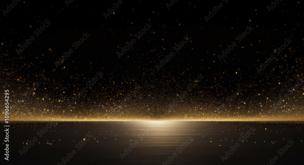 Poster ethereal golden light reflecting on water surface with sparkling particles in a dark environment hig