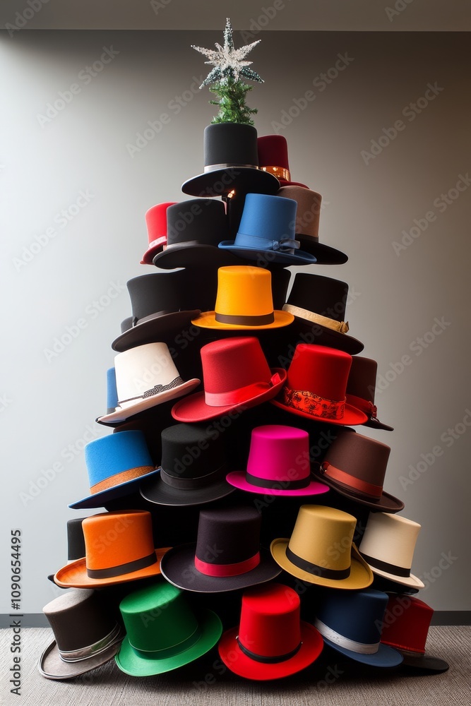 Aufkleber hat tree with hats of different colors and styles. the hats are piled on top of each other, creating