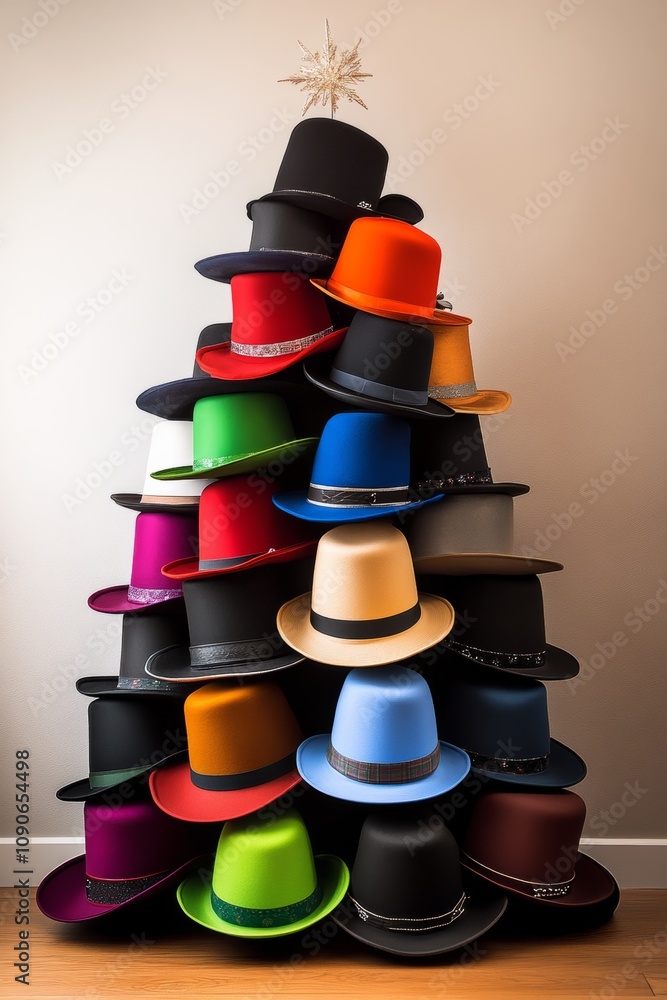 Aufkleber hat tree with hats of different colors and sizes. the hats are piled on top of each other, creating 