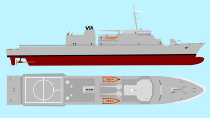 Coastguard Cutter. Side and top profile of a coastguard cutter with a rescue boat and space for a helicopter on deck. Isolated vector illustration.