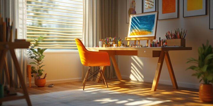 Creative corner desk setup with art supplies, a vibrant chair, and soft lighting, artistic inspiration,
