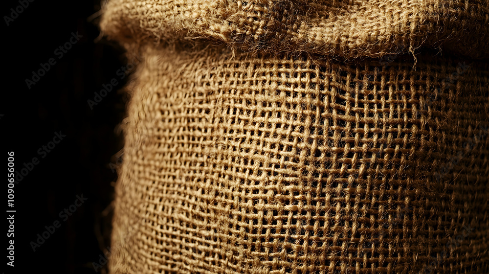 Poster close-up macro photograph of a rough brown burlap texture with a woven pattern in a dark background