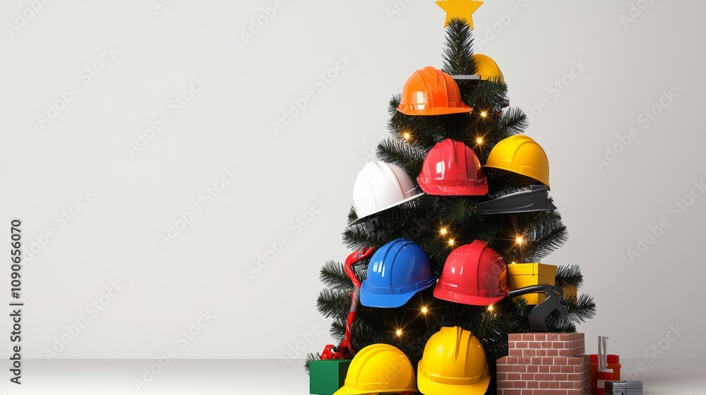 Poster christmas tree with a star on top and many hard hats on the branches. the hats are of different colo