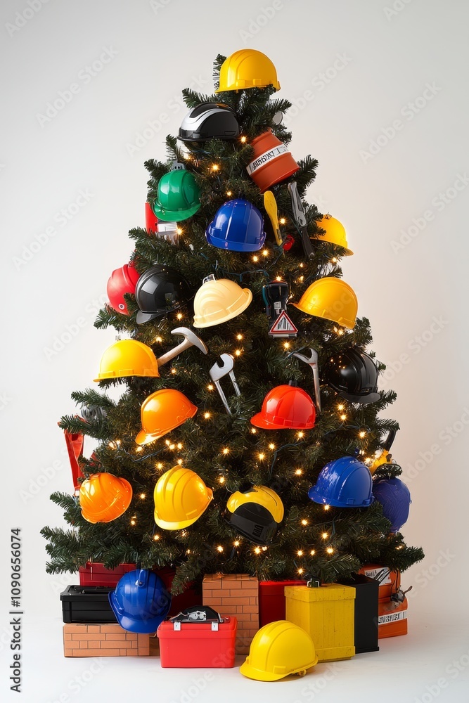Poster christmas tree decorated with many different colored hard hats. the hats are of various sizes and co