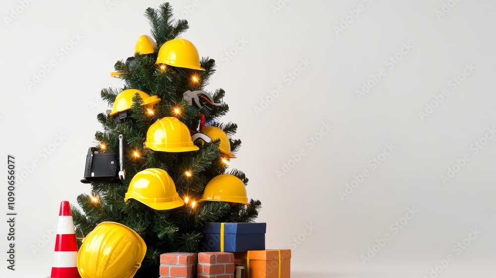 Aufkleber christmas tree with a lot of hard hats on it. the tree is decorated with lights and the hats are all
