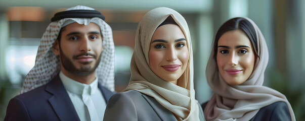 Fototapeta premium Confident Middle Eastern Business Professionals Portrait; Smiling Colleagues in Traditional Attire, Teamwork Concept