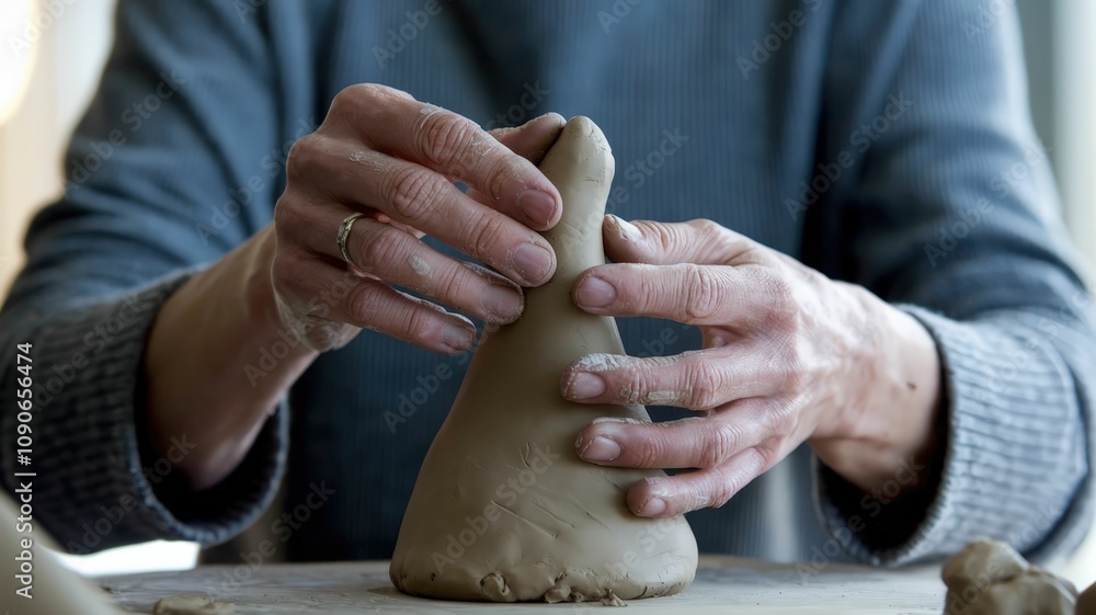 Poster a person shaping clay with their hands, focusing on creating a unique form, showcasing the art of po