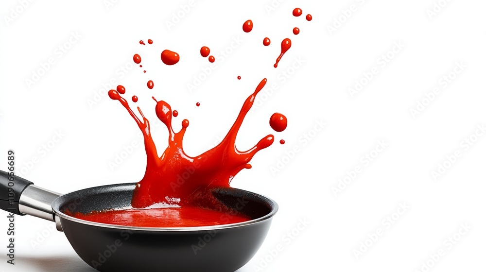 Aufkleber pan of red sauce is splattered across a white background. the sauce is red and he is splattered in a
