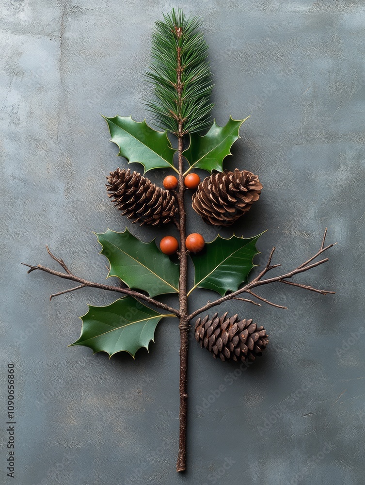 Poster christmas tree made of pine needles and berries. the pine needles are arranged in a way that they re