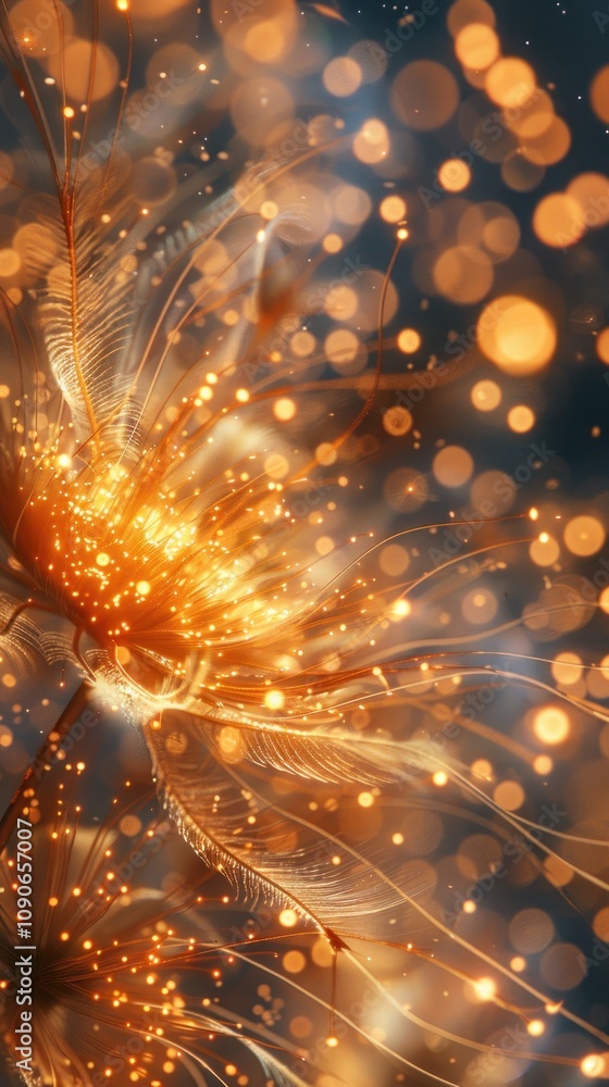 Poster abstract glowing dandelion with bokeh background.