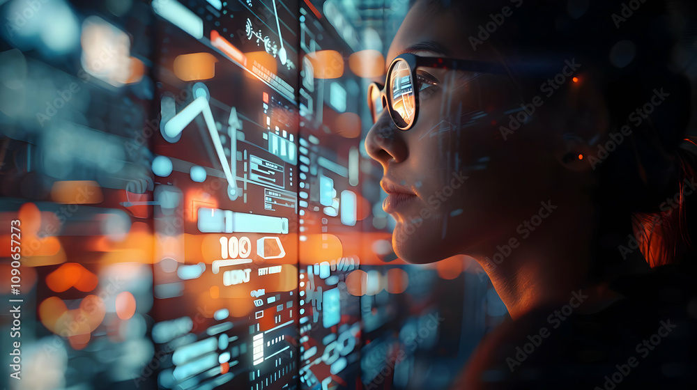Poster woman analyzes futuristic digital interface data with intense focus in a cyberpunk setting
