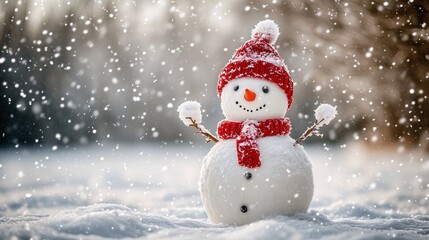Fototapeta premium Smiling snowman in a red hat and scarf in a snowy winter scene with falling snowflakes