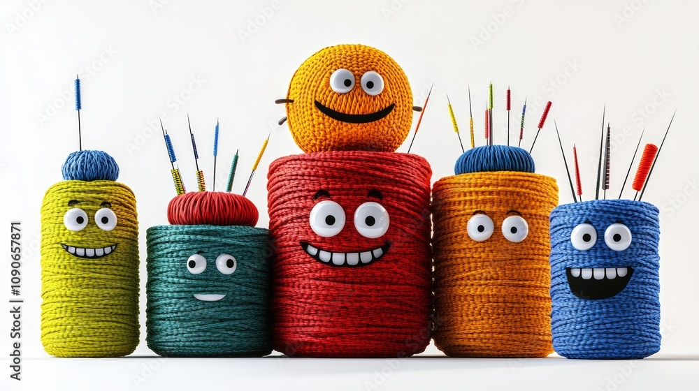 Poster group of colorful yarn balls with faces on them, including a smiling yellow one. the image conveys a