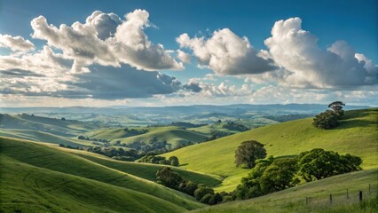 Fototapeta premium Scenic landscape framed by green hills and clouds.